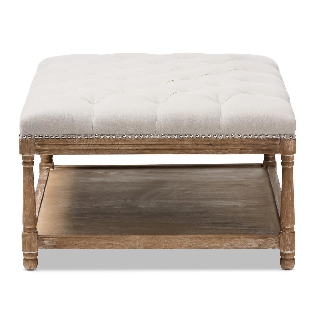 Country Weathered Oak Beige Linen Rectangular Coffee Table Ottoman