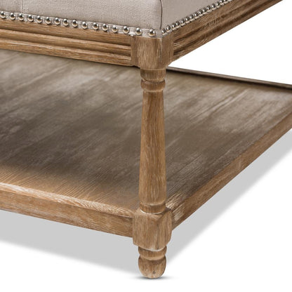 Country Weathered Oak Beige Linen Rectangular Coffee Table Ottoman