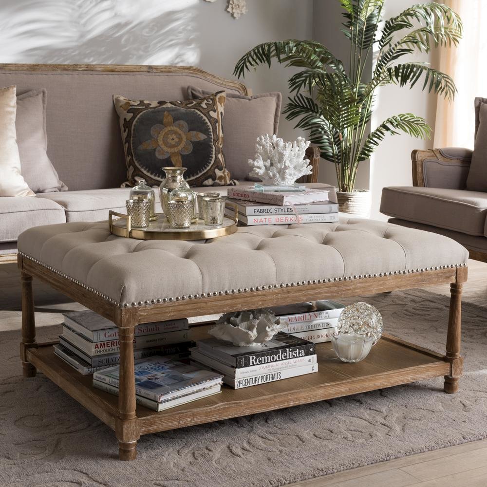 Country Weathered Oak Beige Linen Rectangular Coffee Table Ottoman