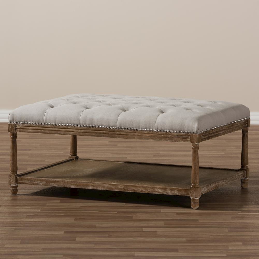Country Weathered Oak Beige Linen Rectangular Coffee Table Ottoman