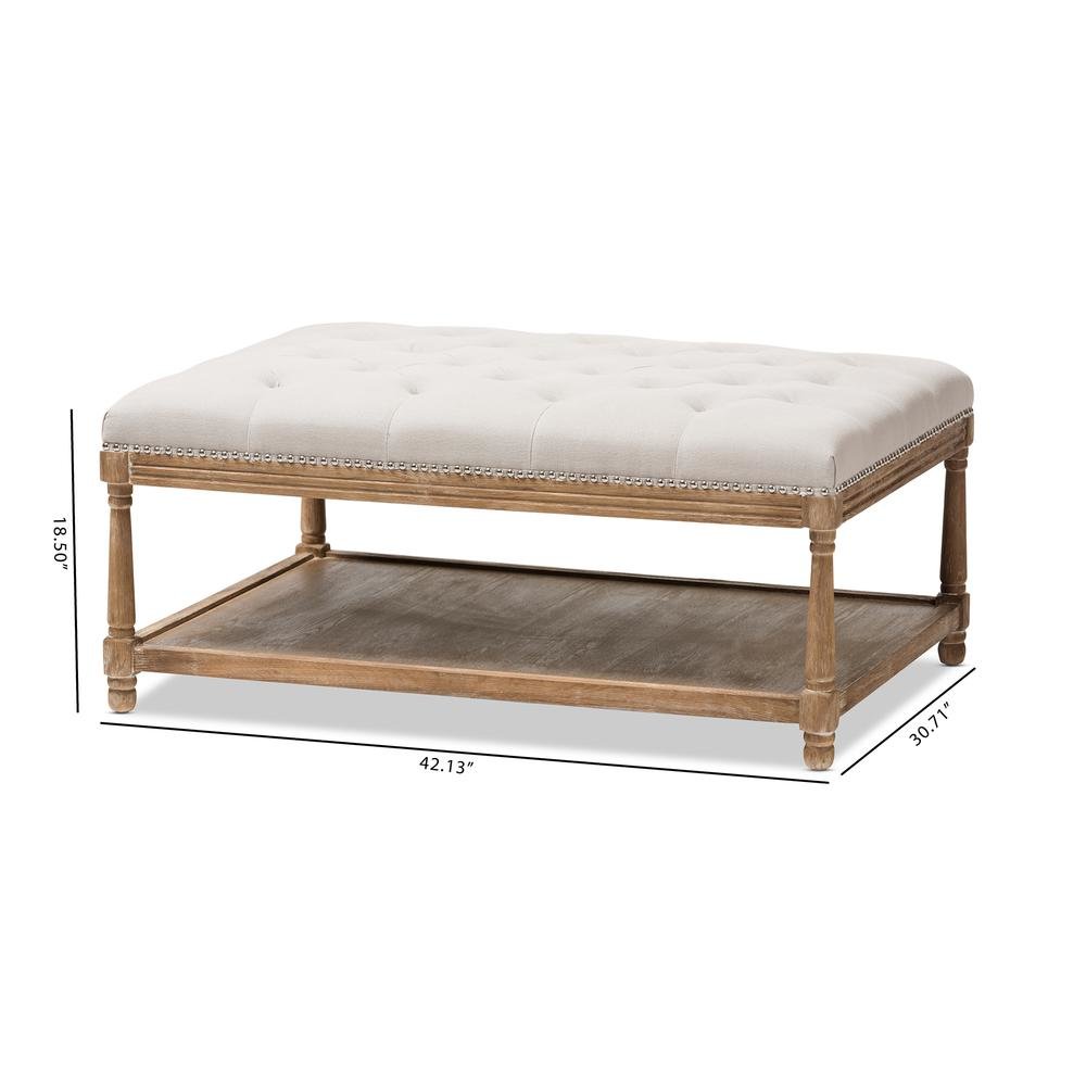 Country Weathered Oak Beige Linen Rectangular Coffee Table Ottoman