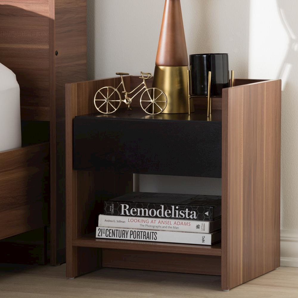 Vanda Modern and Contemporary Two-Tone Walnut and Black Wood 1-Drawer Nightstand