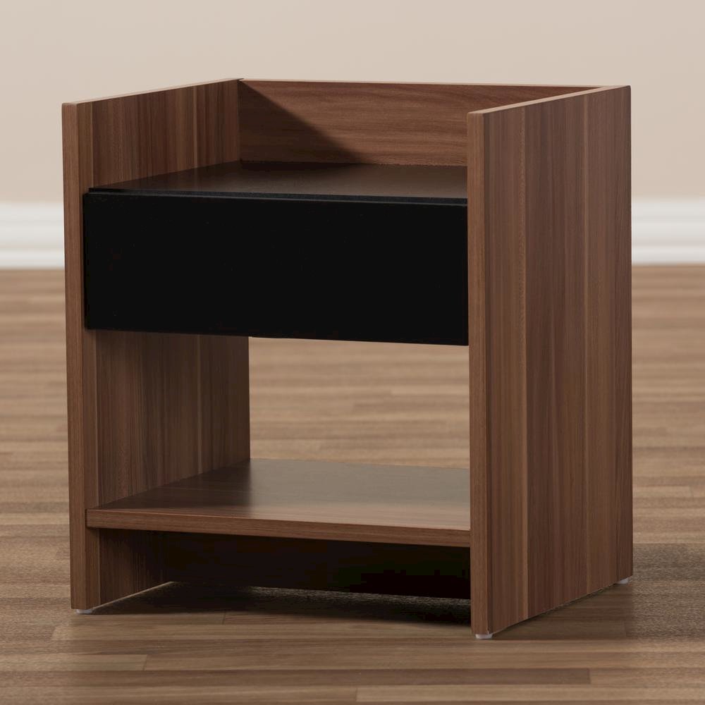Vanda Modern and Contemporary Two-Tone Walnut and Black Wood 1-Drawer Nightstand