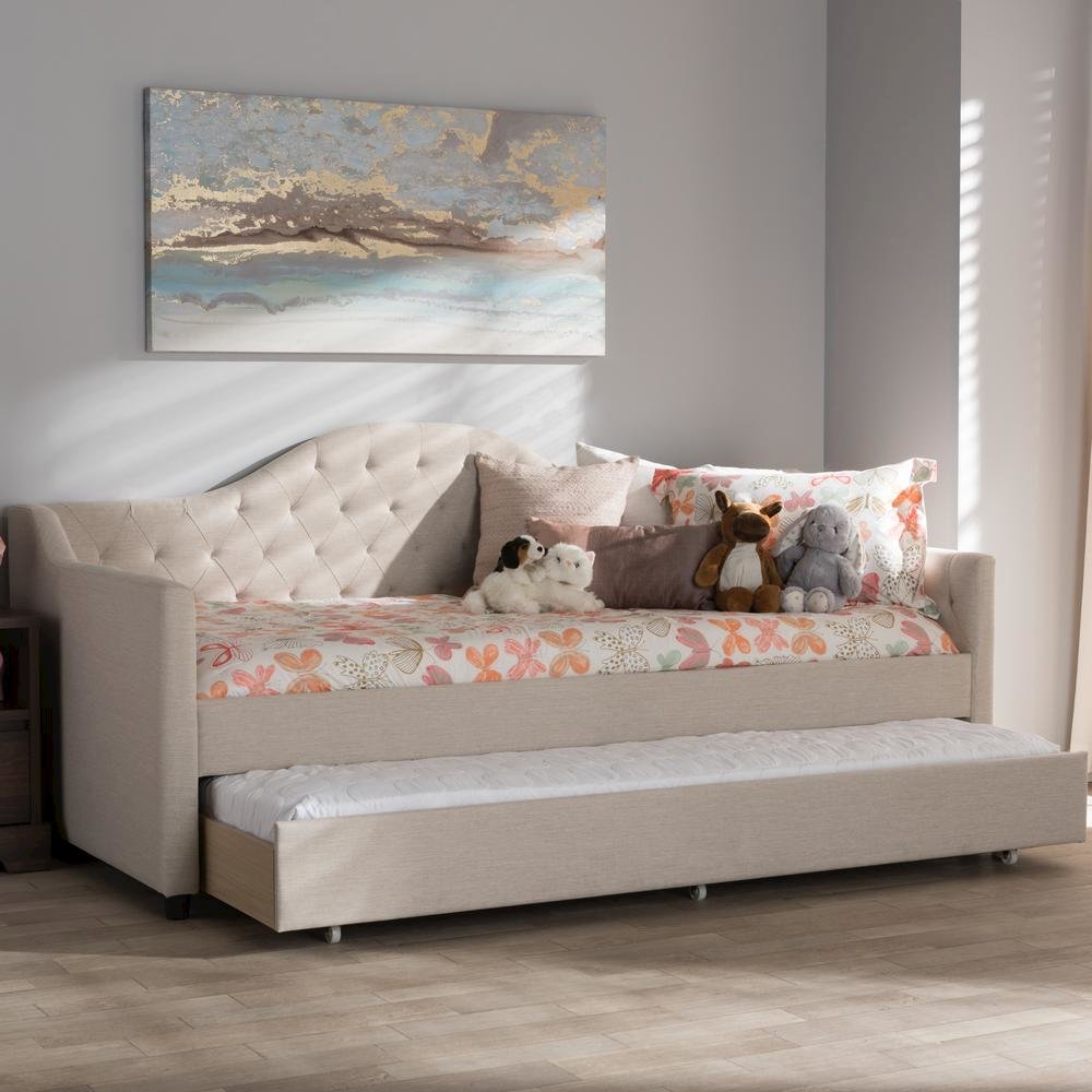 Perry Modern and Contemporary Light Beige Fabric Daybed with Trundle