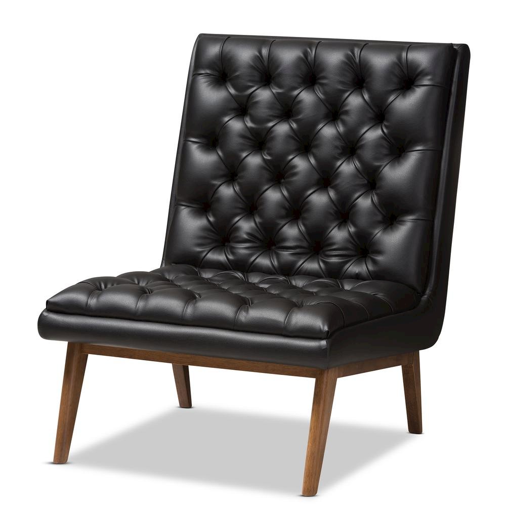 Leather Upholstered Walnut Finished Wood Lounge Chair
