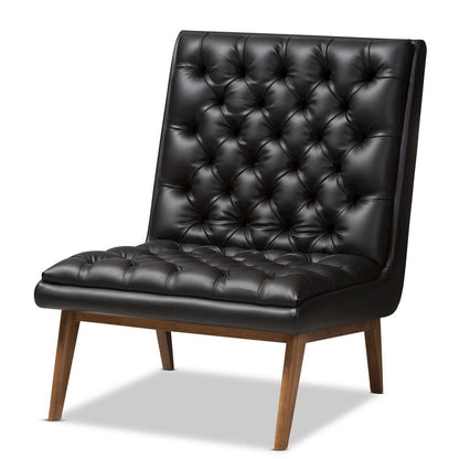 Leather Upholstered Walnut Finished Wood Lounge Chair