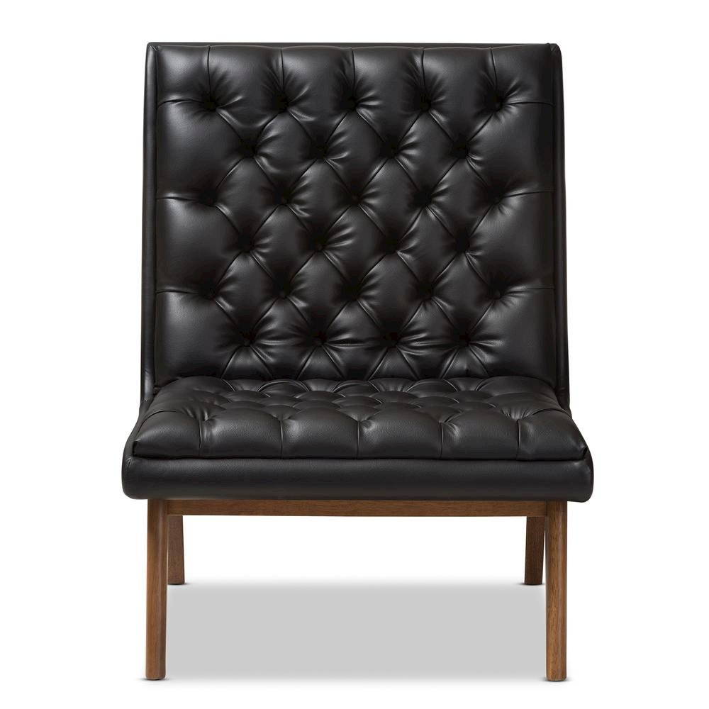 Leather Upholstered Walnut Finished Wood Lounge Chair