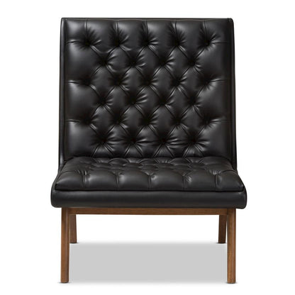 Leather Upholstered Walnut Finished Wood Lounge Chair