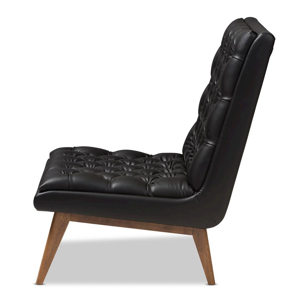 Leather Upholstered Walnut Finished Wood Lounge Chair