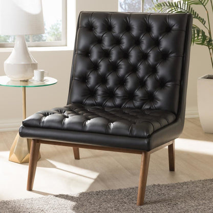 Leather Upholstered Walnut Finished Wood Lounge Chair