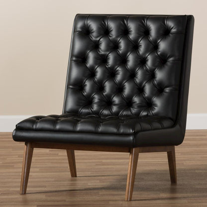 Leather Upholstered Walnut Finished Wood Lounge Chair