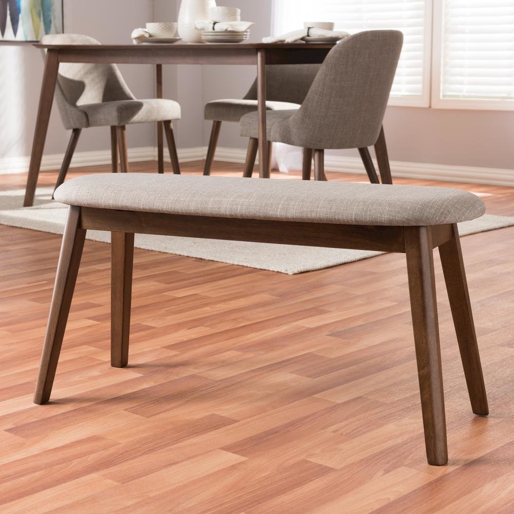 Light Grey Fabric Upholstered Walnut Finished Wood Bench