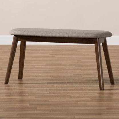 Light Grey Fabric Upholstered Walnut Finished Wood Bench