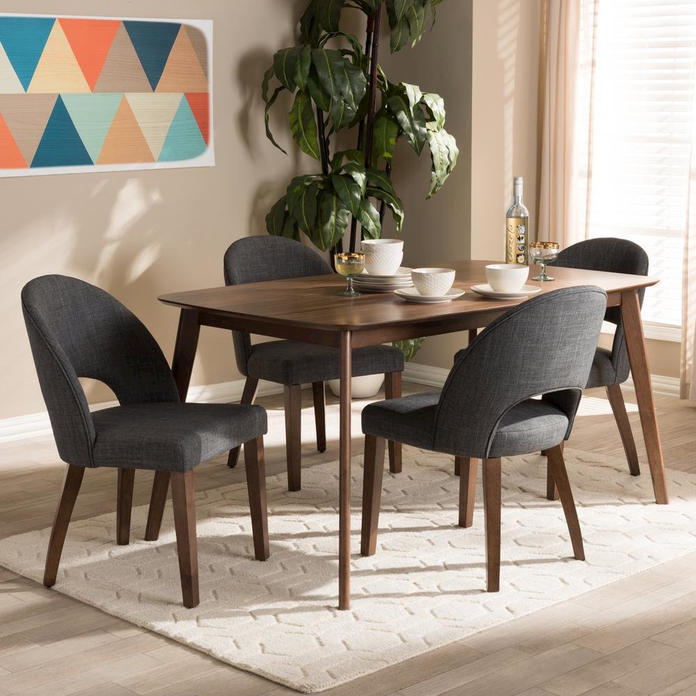 Dark Grey Fabric Upholstered Walnut Finished Wood 5-Piece Dining Set