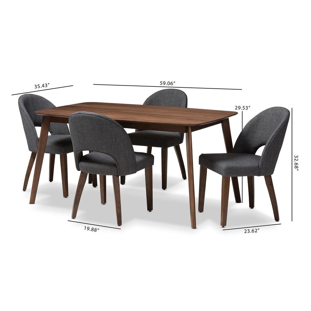 Dark Grey Fabric Upholstered Walnut Finished Wood 5-Piece Dining Set