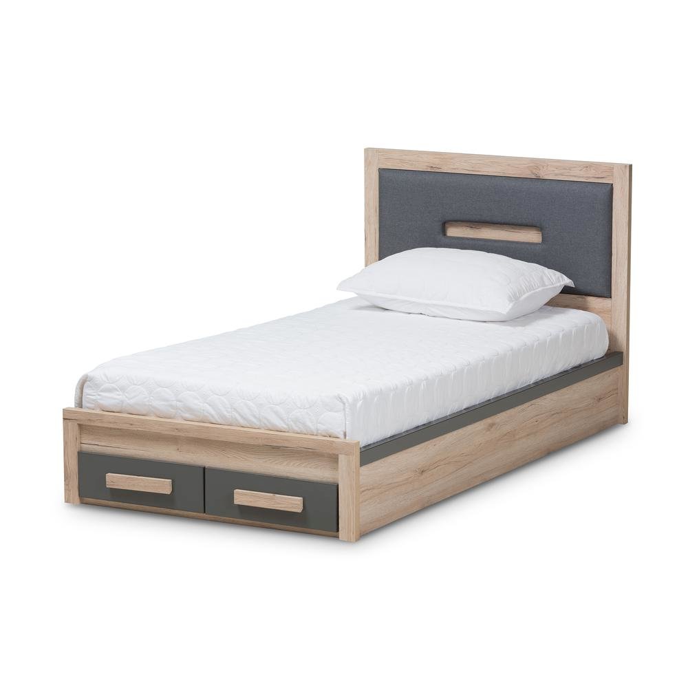 Dark Grey and Light Brown Two-Tone 2-Drawer Twin Size Storage Platform Bed