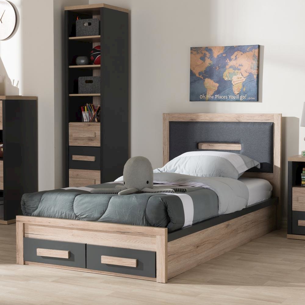 Dark Grey and Light Brown Two-Tone 2-Drawer Twin Size Storage Platform Bed