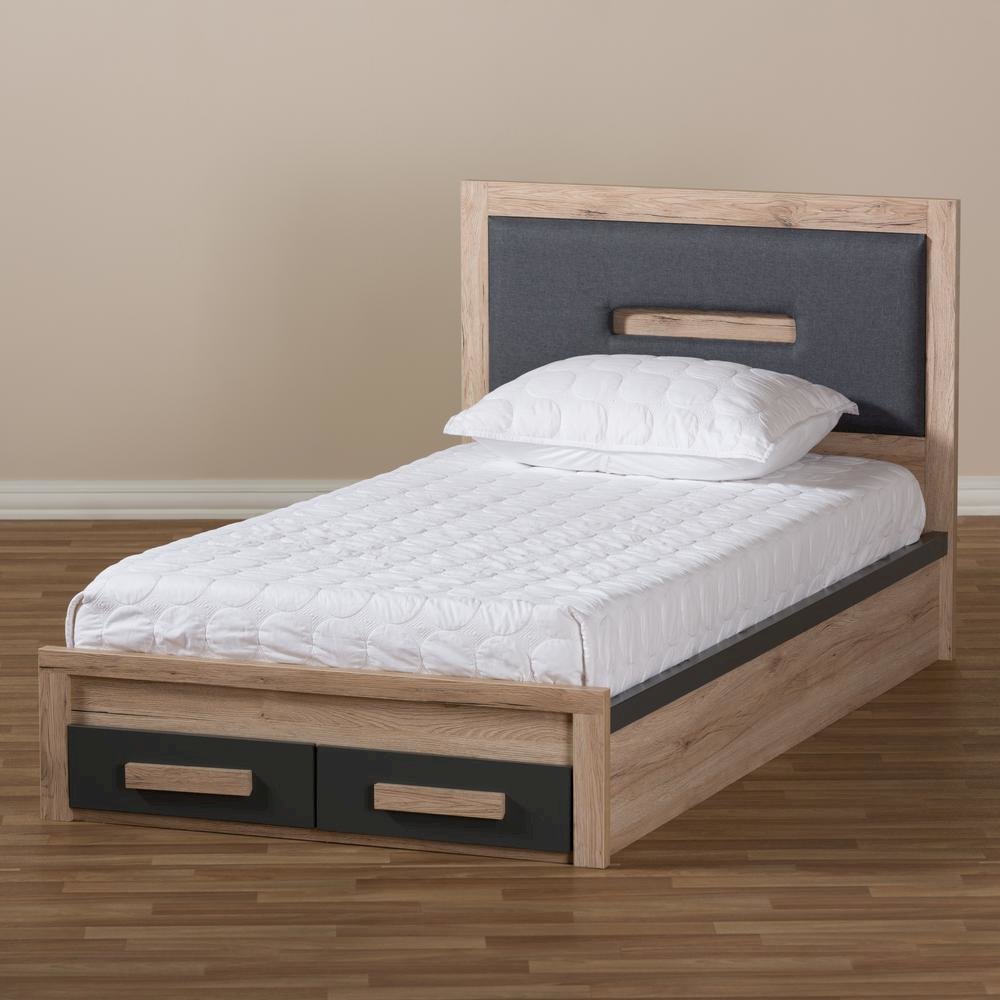 Dark Grey and Light Brown Two-Tone 2-Drawer Twin Size Storage Platform Bed