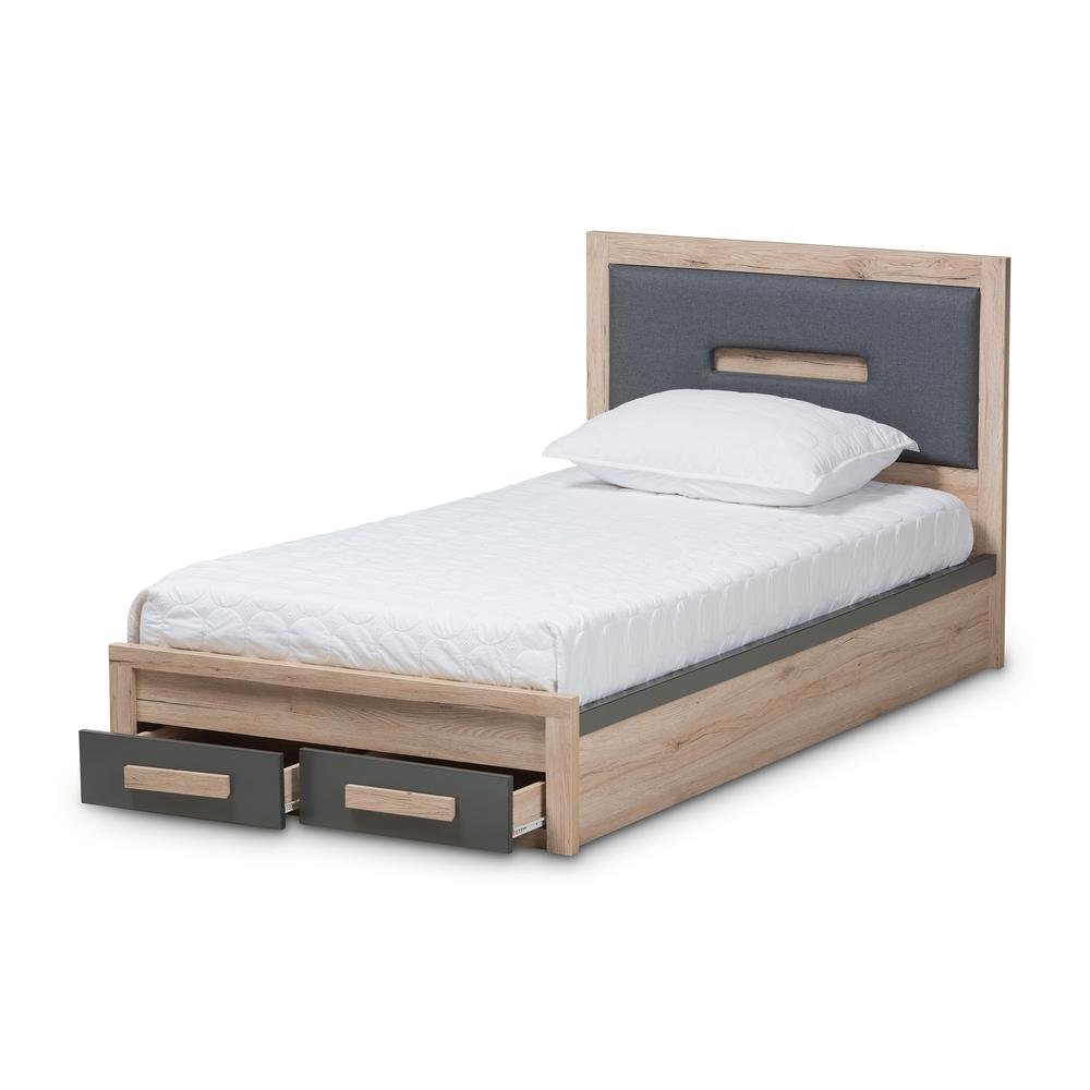 Dark Grey and Light Brown Two-Tone 2-Drawer Twin Size Storage Platform Bed
