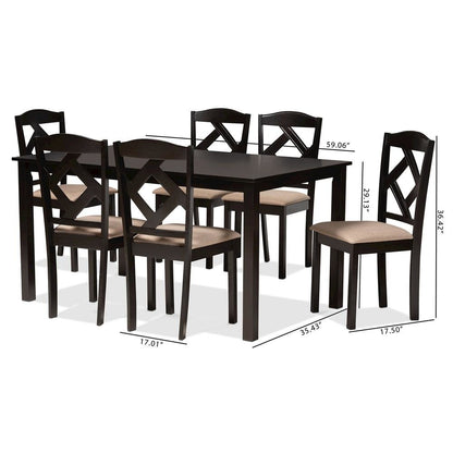 Ruth Sand Fabric Upholstered and Dark Brown Finished Wood 7-Piece Dining Set