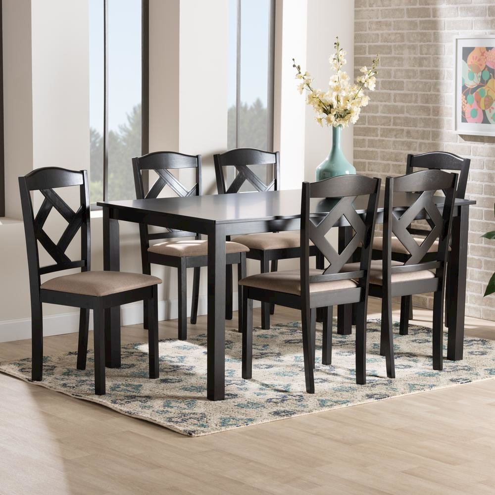 Ruth Sand Fabric Upholstered and Dark Brown Finished Wood 7-Piece Dining Set