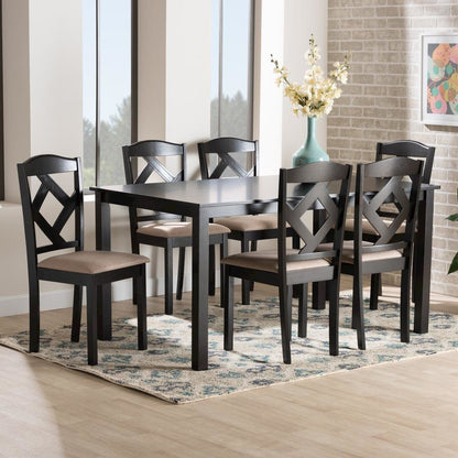 Ruth Sand Fabric Upholstered and Dark Brown Finished Wood 7-Piece Dining Set