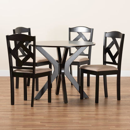 Carlin Sand Fabric Upholstered and Dark Brown Finished Wood 5-Piece Dining Set
