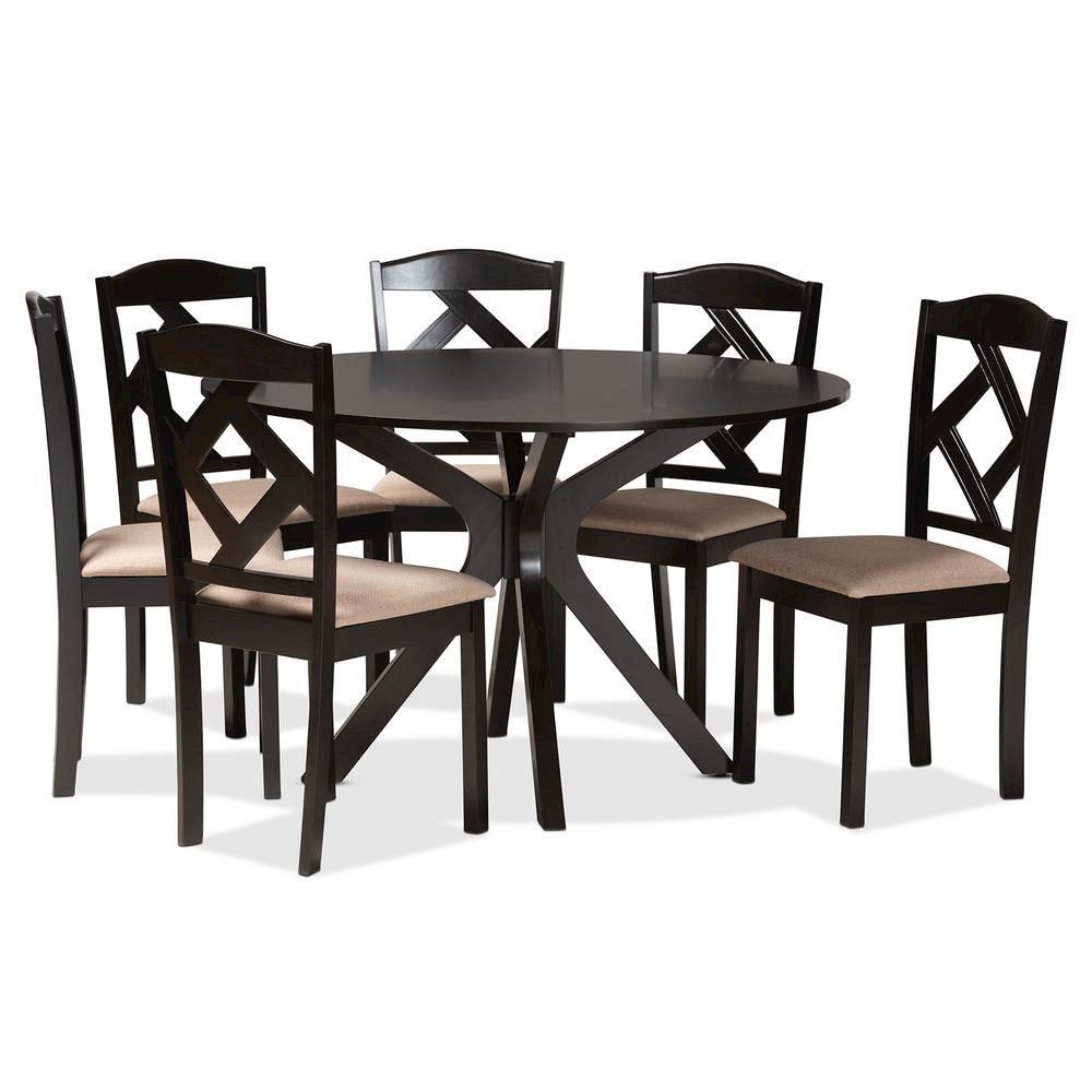 Carlin Sand Fabric Upholstered and Dark Brown Finished Wood 7-Piece Dining Set
