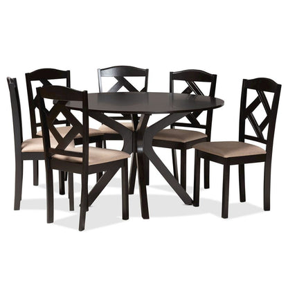 Carlin Sand Fabric Upholstered and Dark Brown Finished Wood 7-Piece Dining Set