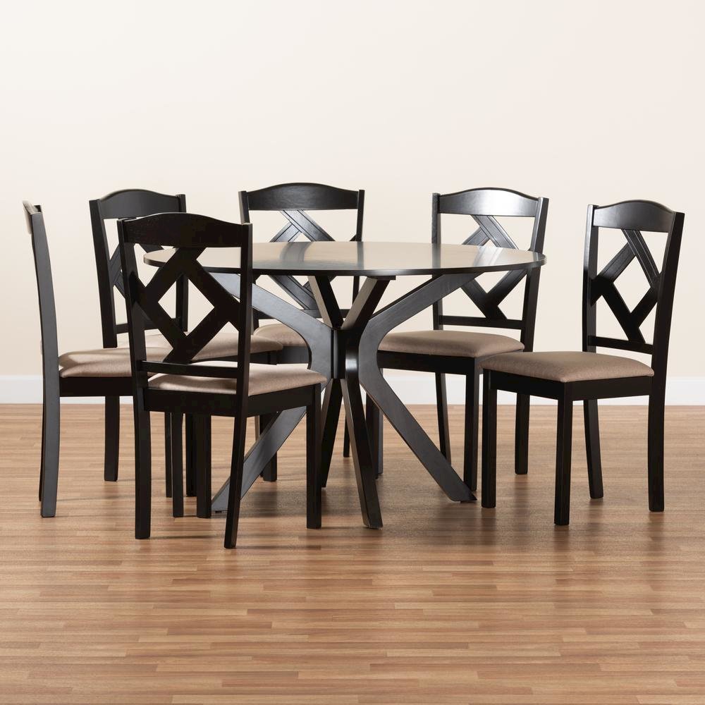 Carlin Sand Fabric Upholstered and Dark Brown Finished Wood 7-Piece Dining Set