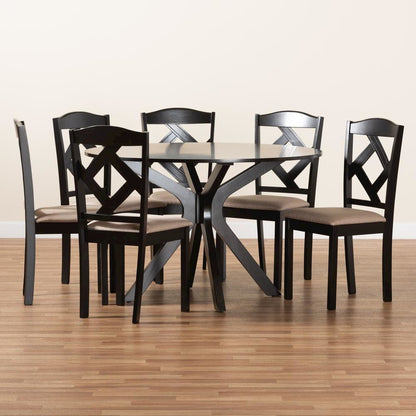 Carlin Sand Fabric Upholstered and Dark Brown Finished Wood 7-Piece Dining Set