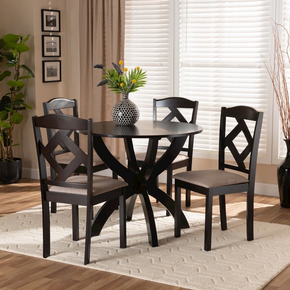 Sand Fabric Upholstered and Dark Brown Finished Wood 5-Piece Dining Set