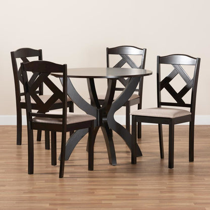 Sand Fabric Upholstered and Dark Brown Finished Wood 5-Piece Dining Set