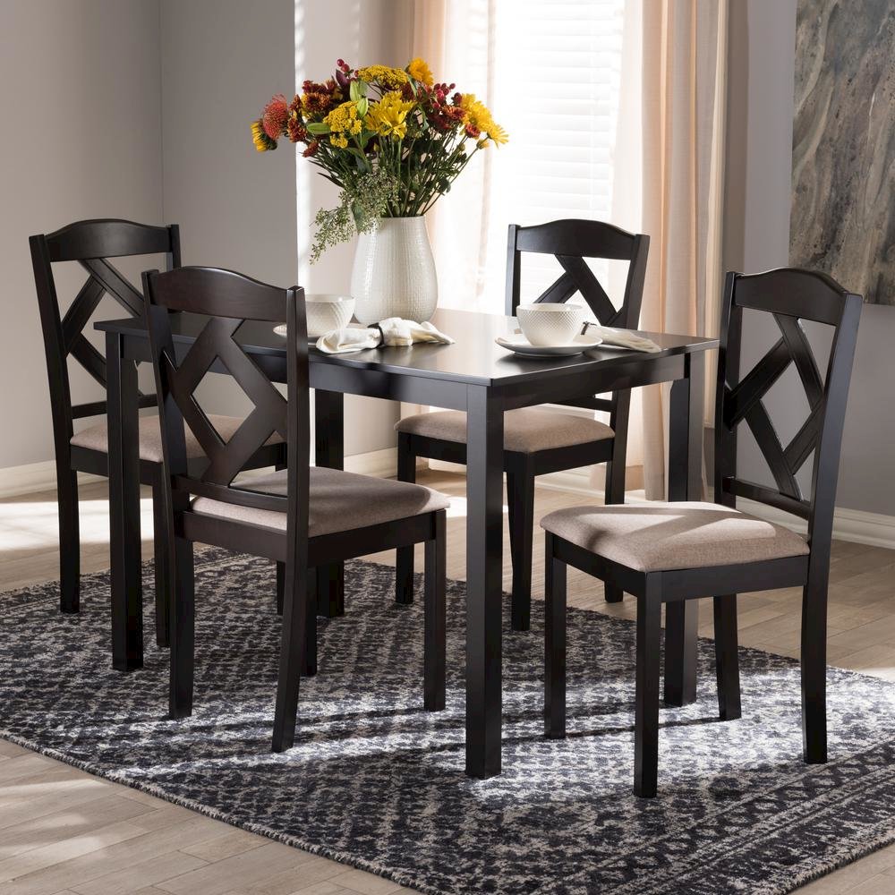 Beige Fabric Upholstered and Dark Brown Finished 5-Piece Dining Set