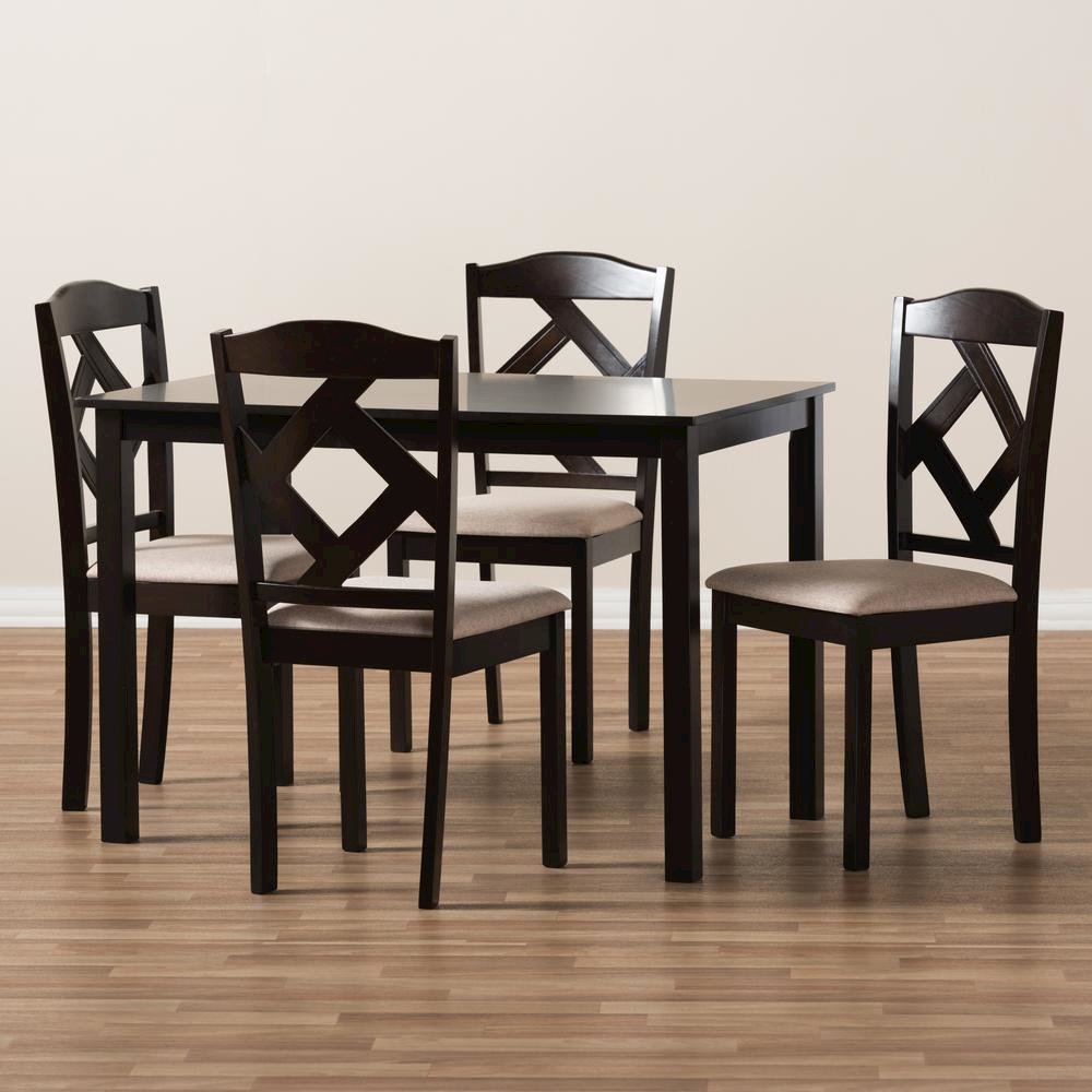 Beige Fabric Upholstered and Dark Brown Finished 5-Piece Dining Set