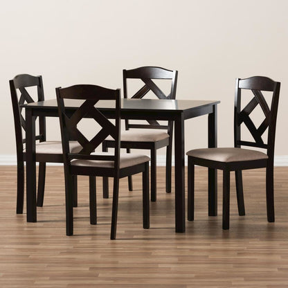 Beige Fabric Upholstered and Dark Brown Finished 5-Piece Dining Set