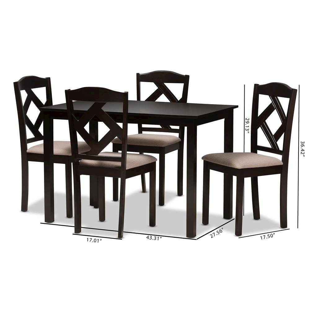 Beige Fabric Upholstered and Dark Brown Finished 5-Piece Dining Set