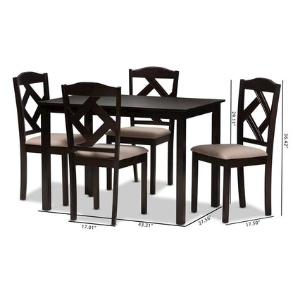 Beige Fabric Upholstered and Dark Brown Finished 5-Piece Dining Set
