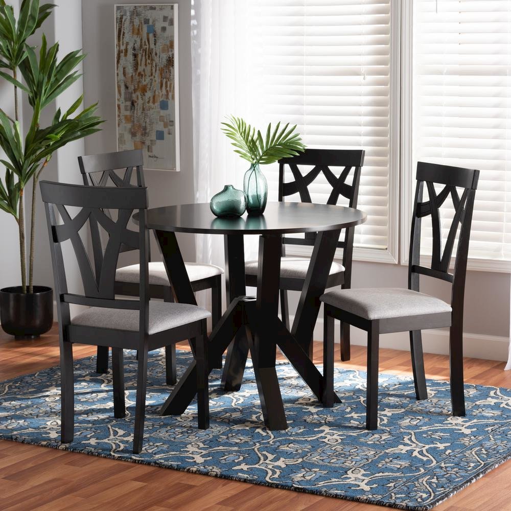 Grey Fabric Upholstered and Dark Brown Finished Wood 5-Piece Dining Set