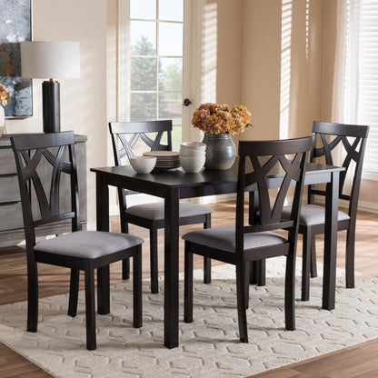Grey Fabric Upholstered and Dark Brown Finished 5-Piece Dining Set