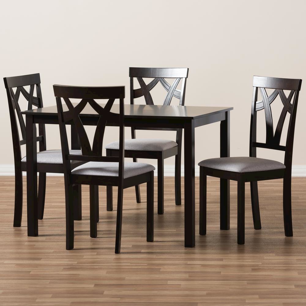 Grey Fabric Upholstered and Dark Brown Finished 5-Piece Dining Set