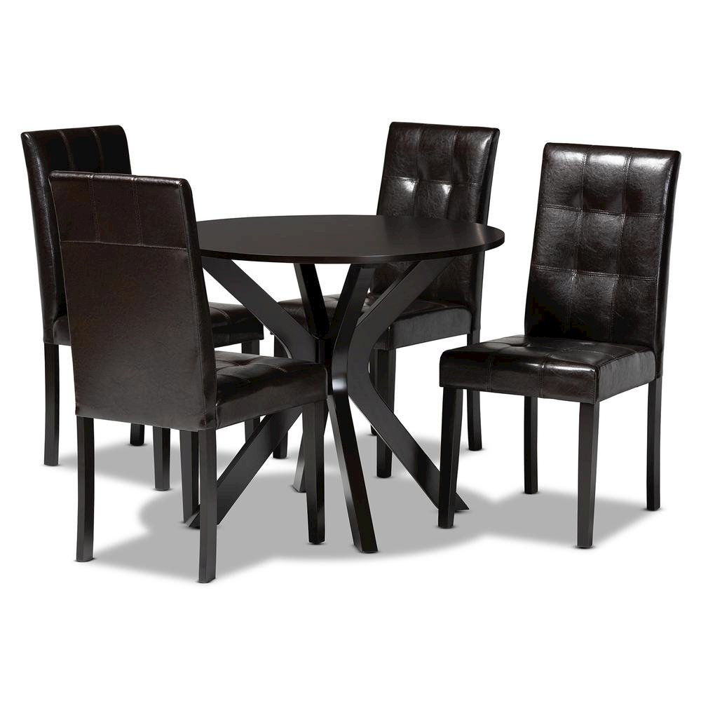 Leather Upholstered and Dark brown Finished Wood 5-Piece Dining Set