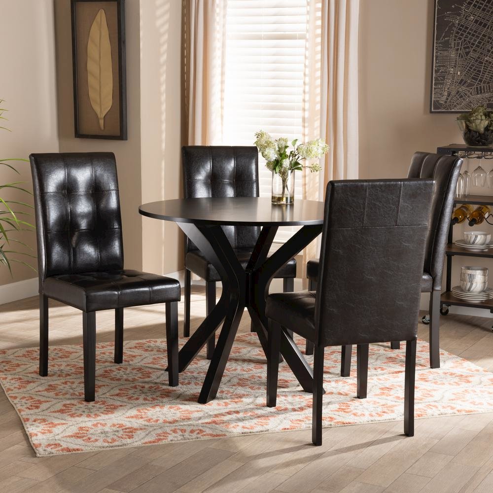 Leather Upholstered and Dark brown Finished Wood 5-Piece Dining Set