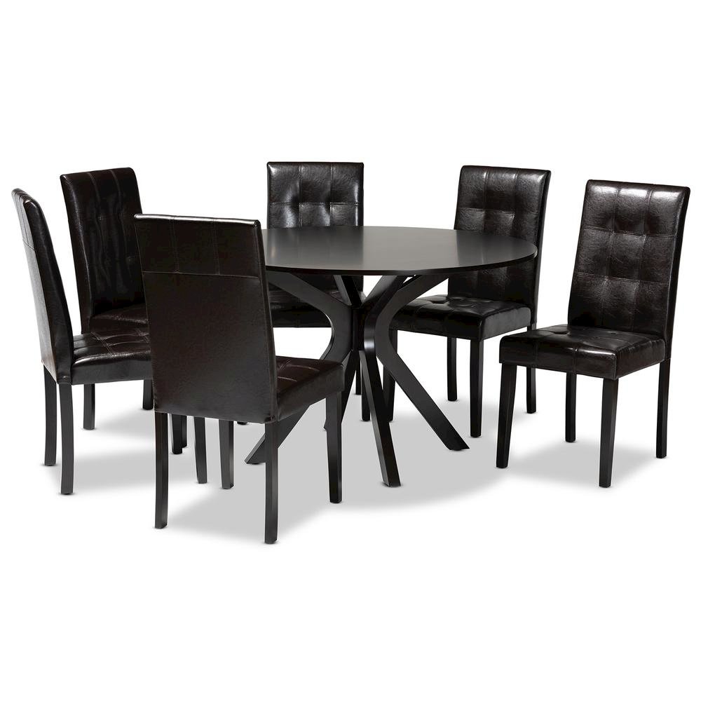 Leather Upholstered and Dark brown Finished Wood 7-Piece Dining Set