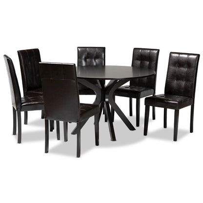 Leather Upholstered and Dark brown Finished Wood 7-Piece Dining Set
