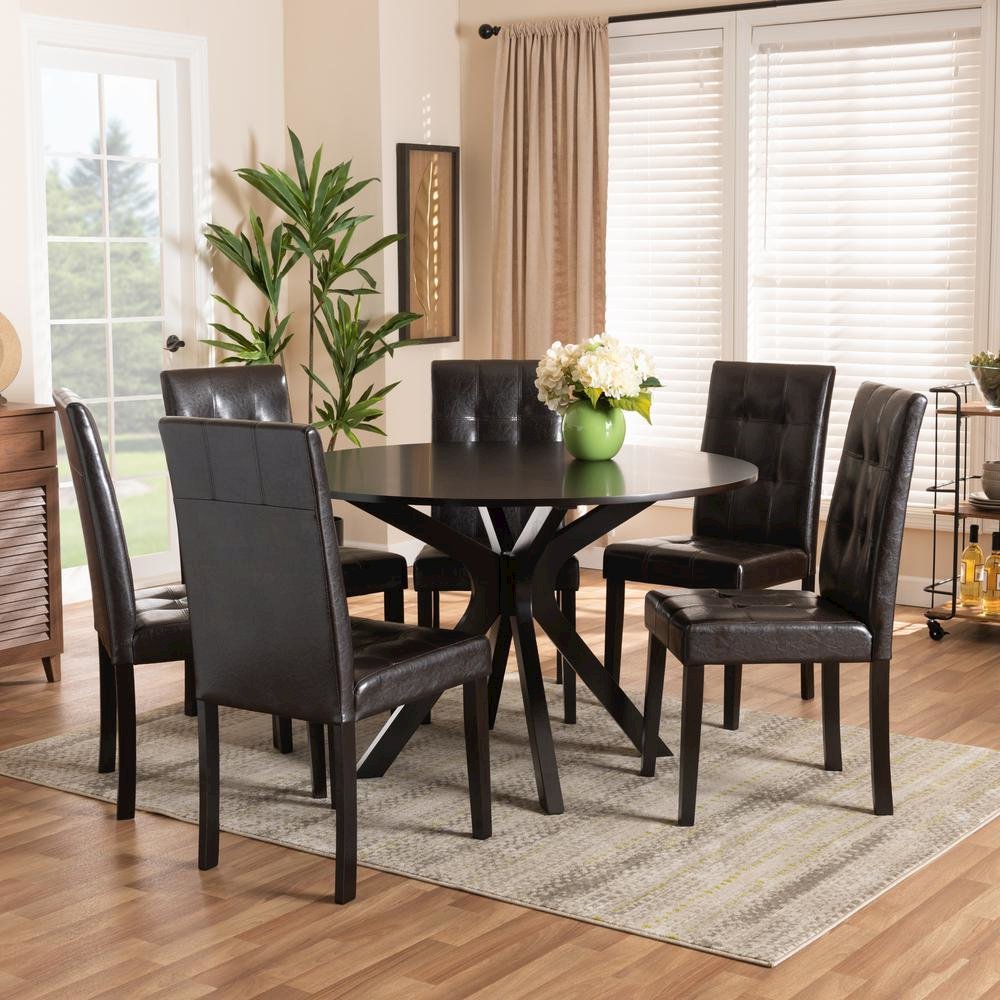 Leather Upholstered and Dark brown Finished Wood 7-Piece Dining Set