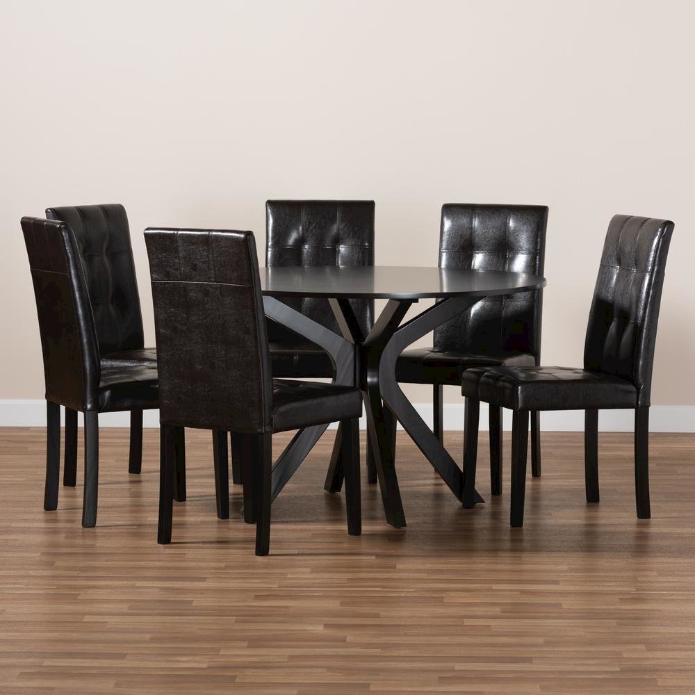 Leather Upholstered and Dark brown Finished Wood 7-Piece Dining Set