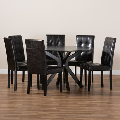 Leather Upholstered and Dark brown Finished Wood 7-Piece Dining Set