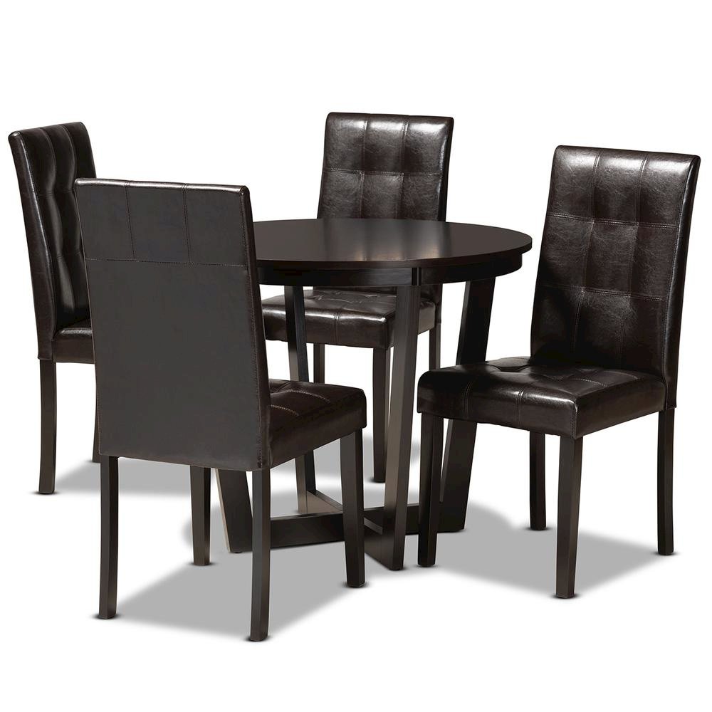 Leather Upholstered and Dark Brown Finished Wood 5-Piece Dining Set