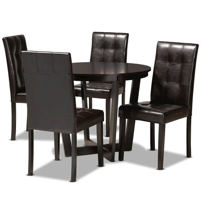 Leather Upholstered and Dark Brown Finished Wood 5-Piece Dining Set